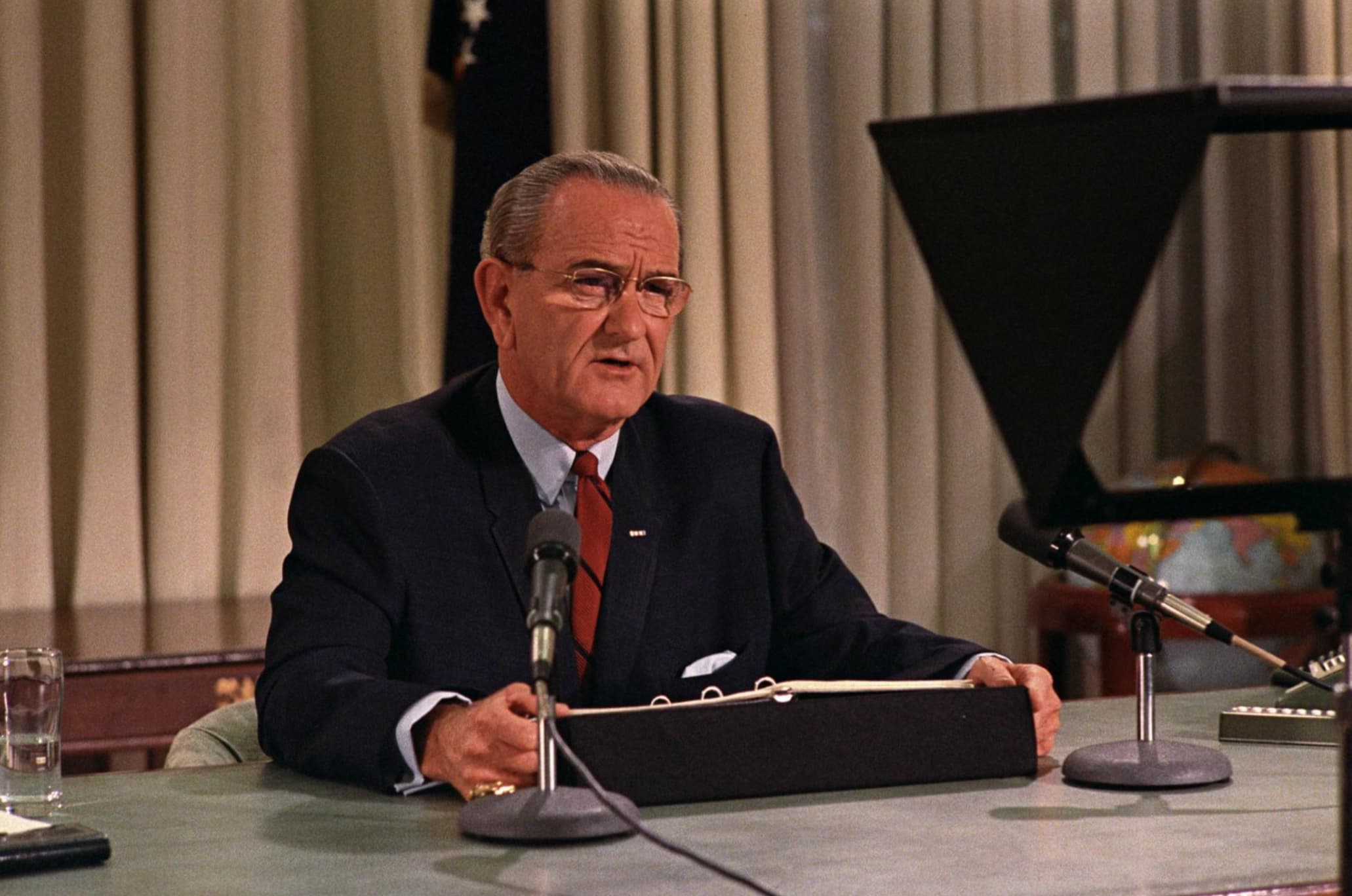 “In a televised address from the Oval Office, President Lyndon B. Johnson announces that he will not [run for another term] 31 March 1968.”